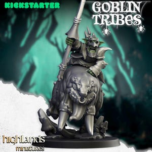 May include: A gray miniature figure of a goblin warrior riding a monstrous creature, holding a spear. The figure is detailed with armor and a menacing expression. The words "GOBLIN TRIBES" and "KICKSTARTER" are visible.
