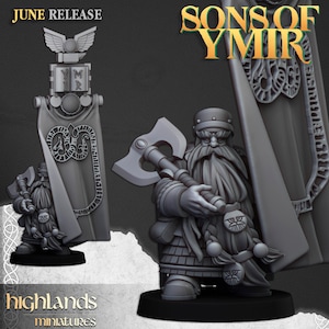 Dwarf Lord with Banner - Sons of Ymir by Highlands Miniatures - 3D Print - Fantasy - RPG - Mini