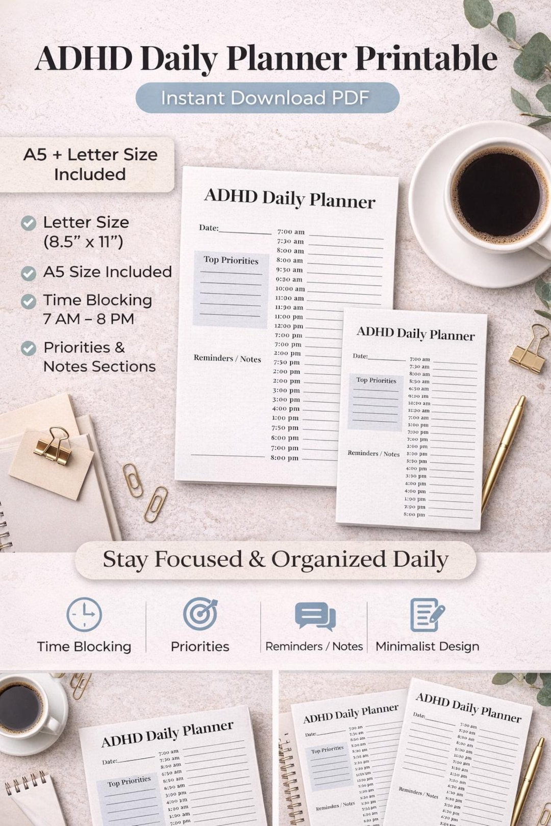 ADHD Daily Planner | Time Blocking, Minimalist Schedule (letter, A5 ...