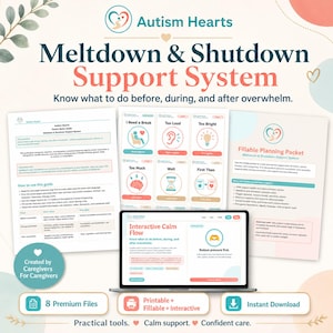 Op de afbeelding: Een digitaal product genaamd "Meltdown & Shutdown Support System" van Autism Hearts. De afbeelding toont gidsen, een planningspakket en een interactieve kalmtestroom op een laptop. Het biedt praktische tools, rustige ondersteuning en zelfverzekerde zorg.