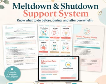 Autism Meltdown Shutdown Support Toolkit, Calm Down Visual Cards, Low Demand Scripts, Trigger Tracker, School Handoff PDF