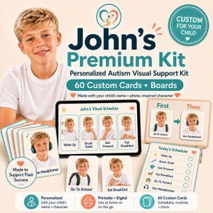Può includere: Un kit di supporto visivo personalizzato per l'autismo intitolato John's Premium Kit, con 60 schede e tabelle personalizzate. Il set include un tablet che mostra un programma visivo, schede di attività individuali e una lista di controllo.