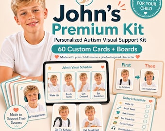 Personalized Autism Visual Support Kit, 60 Custom Routine Cards, Communication Cards, Calm Down Tools, First Then Board