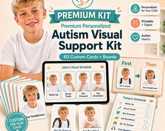 Premium Kit 60 Cards, Personalized Autism Visual Schedule Cards, Routine + Communication + Sensory Support.