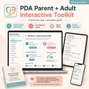 May include: A digital toolkit for parents and adults, featuring an interactive app and printable guide. The toolkit supports navigating demand avoidance, autonomy, and daily life. Includes onboarding, scripts, and tools for teens and autistic adults.