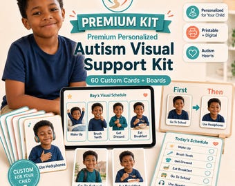 Premium Autism Visual Support Kit, 60 Custom Cards + Communication + Sensory Support, Personalized Visual Schedule Cards