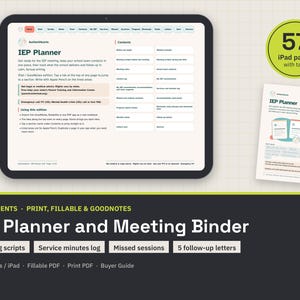 May include: A digital IEP Planner and Meeting Binder displayed on a tablet screen and a printed page. The interface features navigation tabs, a contents list, and instructional text. A green circular badge indicates 57 iPad pages with tabs.
