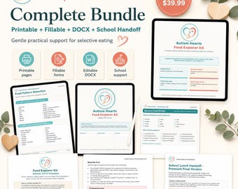 Autism Food Explorer Complete Bundle, Printable Fillable PDF DOCX School Lunch Handoff, Selective Eating Support for Kids.