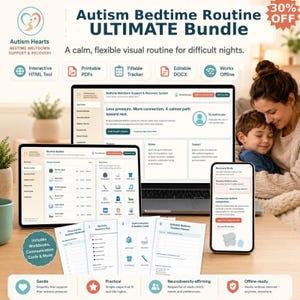 Puede incluir: Sistema digital Autism Bedtime Routine ULTIMATE Bundle que incluye una computadora portátil, una tableta y documentos impresos. La pantalla muestra un generador de rutinas, modo de recuperación y herramientas de apoyo. Incluye iconos para herramientas interactivas.