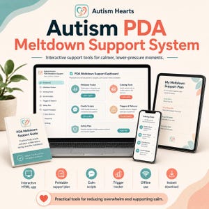 May include: A digital graphic promoting the Autism PDA Meltdown Support System. The image features a laptop, tablet, and smartphone displaying interactive support tools. The text includes "PDA Meltdown Support Guide" and "Practical tools for reducing overwhelm and supporting calm."