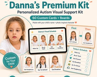 Personalized Autism Visual Support Kit, 60 Custom Routine Cards, Communication Cards, Calm Down Tools, First Then Board