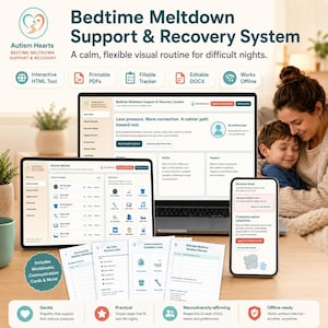 Autism Bedtime Visual Schedule Bundle: Interactive App, Printable Routine Cards & Meltdown Support