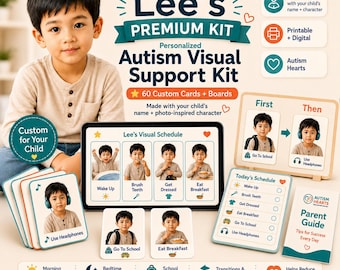 Personalized Autism Visual Support Kit, 60 Custom Routine Cards, Communication Cards, Calm Down Tools, First Then Board