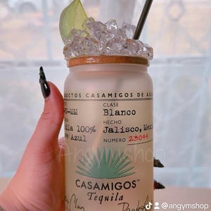 Vaso de tequila, lata de vidrio de 16 oz, lata de cerveza, jarra de tequila, lata de vidrio de 16 oz, vaso de vidrio con tapa y pajita, vaso de tequila, inspirado en el tequila. imagen 2