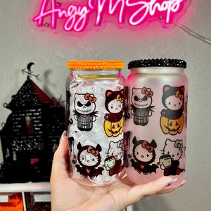 Libbey glass can 16oz, glass cup, gift, ice coffee cup, 16oz coffee cup, cute cat, glass cup kitty lover, kitty cup, Halloween glass cup