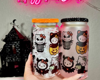 Libbey glass can 16oz, glass cup, gift, ice coffee cup, 16oz coffee cup, cute cat, glass cup kitty lover, kitty cup, Halloween glass cup
