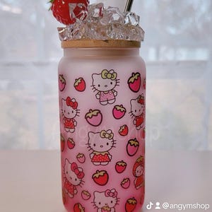 Lata de vidrio Libbey de 16 oz, taza de vidrio con personaje rosa, vaso para café helado, regalos para ella, taza de café de 16 oz, lindo gato, taza de gatito, gatito de fresa.