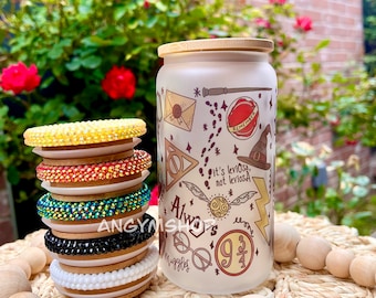 Magic Libbey glass can, 16oz glass can, beer glass can, magic cups, wizard glass cups, HP mug, glass cup with bamboo lid and straw.