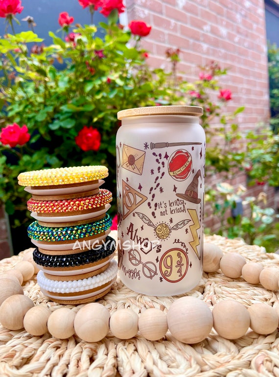 Magic Libbey glass can, 16oz glass can, beer glass can, magic cups, wizard glass cups, HP mug, glass cup with bamboo lid and straw.