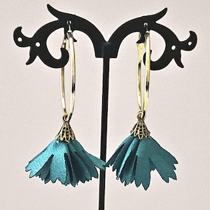 Gold Hoop with Teal Flower Tassel Drop
