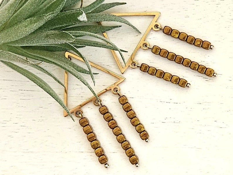 Gold Triangle Chandelier Style Earrings. Brown and Bronze Etsy