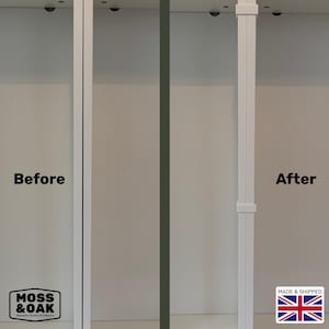 May include: A before-and-after image of a white cabinet support system. The left side shows the cabinet without the support, labeled "Before." The right side shows the cabinet with the support installed, labeled "After." The Moss & Oak logo and a Union Jack flag are visible.
