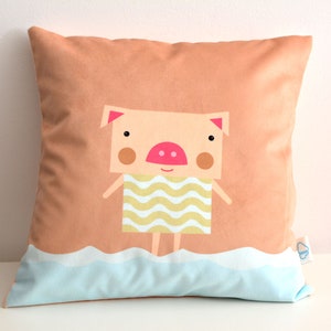 Funda de cojín, Cojín divertido de cerdo, Cojín para niños, Funda de cojín linda, Cojín de terciopelo, rosa, 45 * 45 cm, Funda de cojín Happy Pig, Sensación de playa