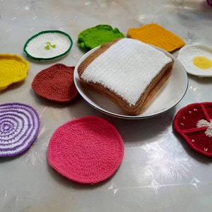 Sandwich Coaster Set finished product l Build Your Own Sandwich | Crochet Lettuce, Fried Egg, Ketchup, Mustard, Cheese in a Bread Loaf Bag