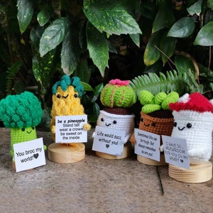 Conjunto de familia de plantas de crochet hecho a mano: hongo, brócoli y piña. Bonita decoración de escritorio. Regalo personalizable con tarjetas. Amigurumi positivo (4-6 cm).