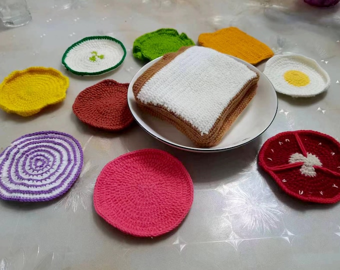 Sandwich Coaster Set finished product l Build Your Own Sandwich | Crochet Lettuce, Fried Egg, Ketchup, Mustard, Cheese in a Bread Loaf Bag