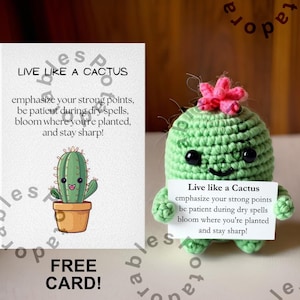 Cactus au crochet avec carte de message inspirante - Cadeau vivant comme un cactus, jolie décoration de bureau, cadeau d'encouragement, rétablissement