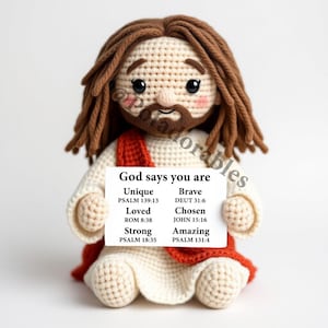 Zachte en knuffelbare gehaakte Jezus-pop | Handgemaakte Jezusfiguur amigurumi | Troostend en vredig met inspirerende kaart