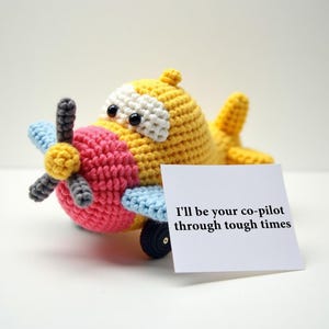 Peluche avion au crochet - « Je serai votre copilote ! Cadeau inspirant - Jouet réconfortant fait main avec carte de message - Potadorables