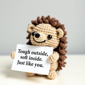 Peluche hérisson au crochet - Cadeau inspirant « Robuste à l'extérieur, doux à l'intérieur » - Amigurumi fait main avec carte de vœux - Jouet réconfortant - Potadorables
