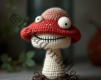 Straszny pluszowy grzybek szydełkowy | Ręcznie robiony złowrogi grzyb dekoracyjny | Straszna zabawka amigurumi | Miękka rzeźba w nawiedzonym lesie od Potadorables