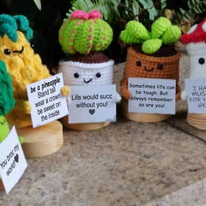 May include: Five crocheted amigurumi figures with different messages on signs. A green broccoli, a yellow pineapple, a green cactus, a brown succulent, and a white mushroom.