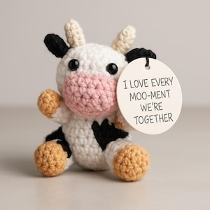Handmade Crochet Cow Plush - &#39;Moo-Ment&#39; Couples Gift, Cute Desk Decor, Pocket Hug Toy for Cow Lovers, Mini Amigurumi (8cm) Gift for Her