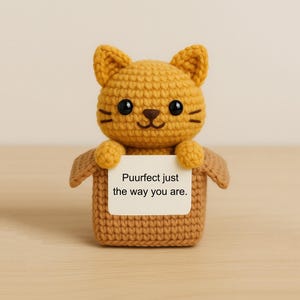 May include: A crocheted cat figurine in a box, holding a sign that reads "Puurfect just the way you are." The cat is yellow with black eyes and whiskers. The box is brown and the background is a light beige.