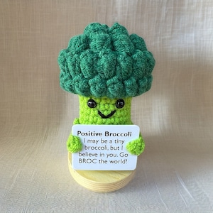 May include: A green crocheted broccoli plush toy holding a sign that reads "Positive Broccoli I may be a tiny broccoli, but I believe in you. Go BROC the world!"