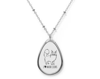 Ovale ketting met Maine Coon-hanger — Zilveren hanger met "I Maine Coons" kattenontwerp