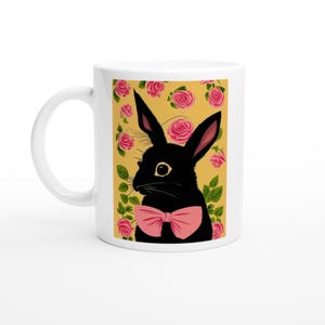 Vintage Black Bunny and Pink Roses Mug - Perfect Easter Gift - Bunny print mug