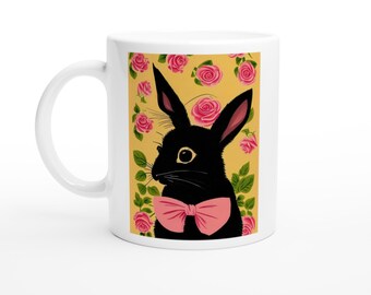 Vintage Black Bunny and Pink Roses Mug - Perfect Easter Gift - Bunny print mug
