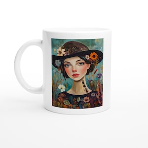 Vintage Mädchen Hut und Blumen Tasse - Perfektes Muttertagsgeschenk - Charmantes Postkarten Design