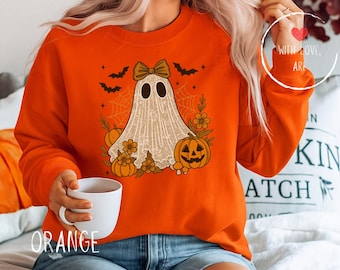 Sweat-shirt fantôme en dentelle d'Halloween avec col ras du cou coquette avec nœud fantôme