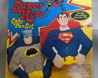 Wilton Super Hero Cake Pan Set Superman and Batman Interchangeable 1977 Vintage Mold Kids Birthday Celebration Party Special Event