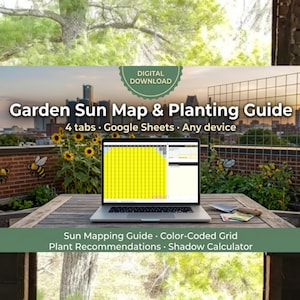 Puede incluir: Un portátil muestra un mapa solar de jardín y una guía de plantación. La pantalla muestra una cuadrícula codificada por colores. La imagen incluye el texto "Garden Sun Map & Planting Guide" y "Digital Download."