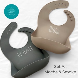 Engraved Custom Baby Bib Set of 2, Name Engraved Bib with White Ink, Toddler Bib, Custom Bib, Silicone Bib