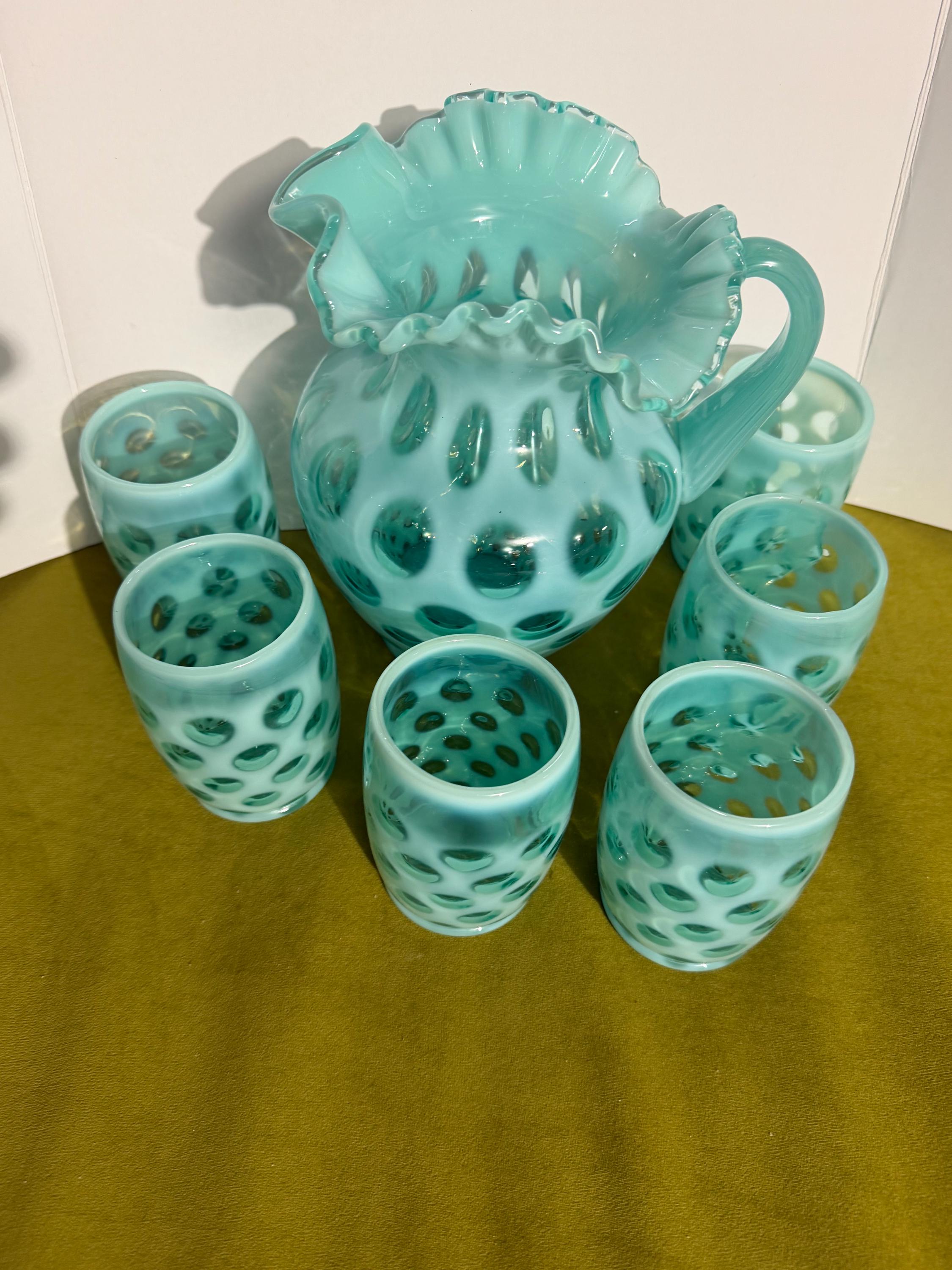 Fenton Progressive Set Fenton, Vintage Persian Blue Coin Dot Pitcher and Tumbler Set With ...