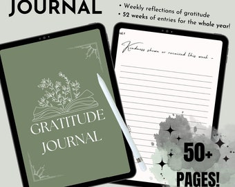 Puede incluir: Diario digital de gratitud con una portada verde que presenta un libro y flores. El diario tiene más de 50 páginas y está diseñado para reflexiones semanales sobre la gratitud. El texto "Kindness shown or received this week" es visible en una página del diario.