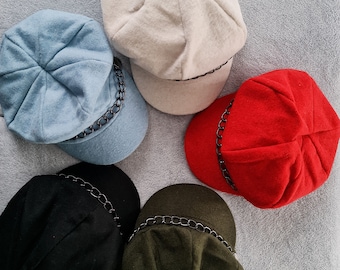 Wool Blend Newsboy Cap: Women's Baker Boy Hat with Chain